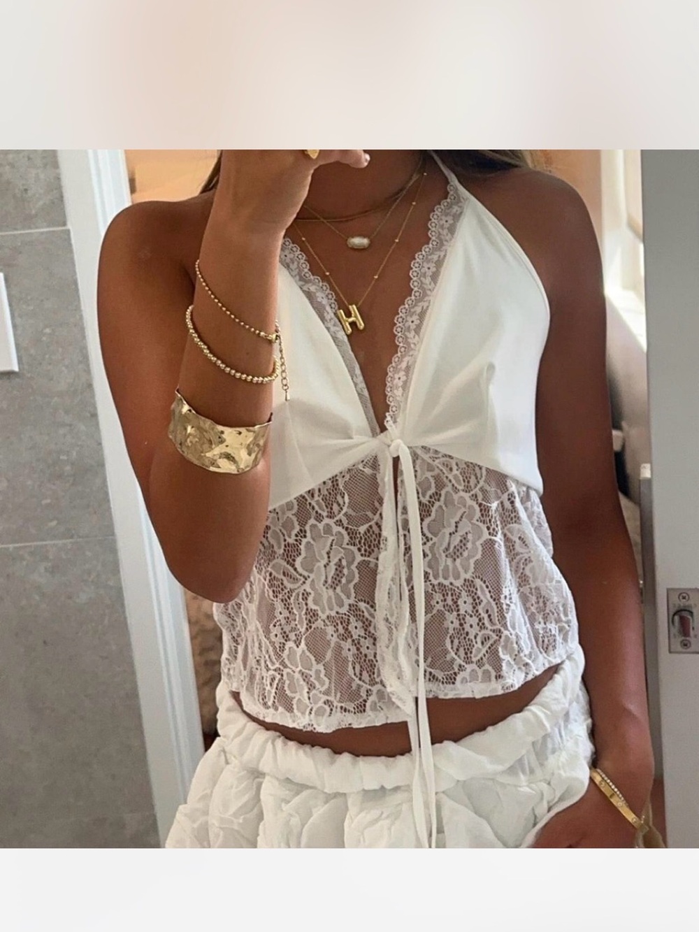 White Lace Halter Tie-Front Camisole